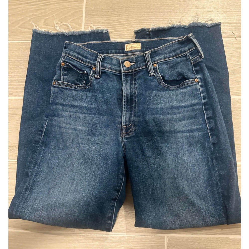 Mother Wide Leg Jeans Women Size 26 Blue Excellent Raw Hem High Rise Dark Wash